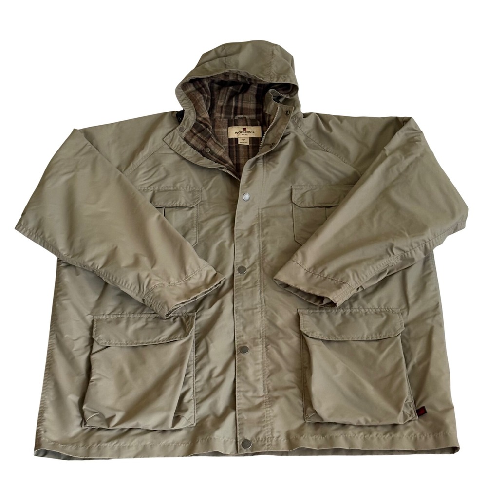 Woolrich Mens XXL Tan Khaki Hooded Field Jacket Plaid Flannel Lined Parka Coat
